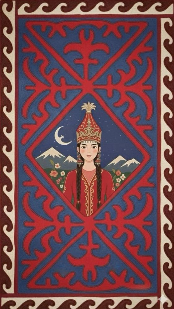A felt wall hanging with a woman in a traditional headdress and Kazakh ornaments