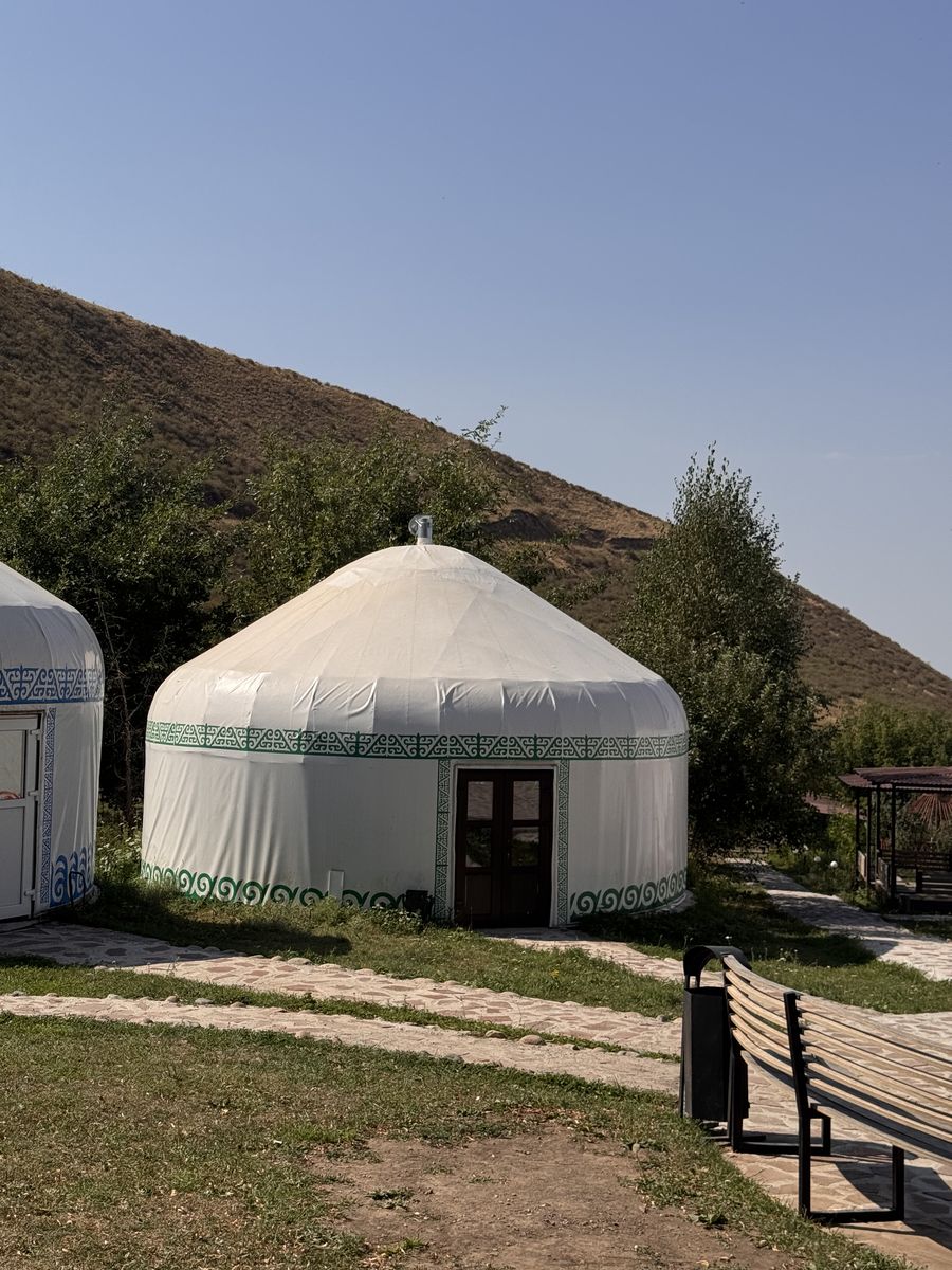 A white yurt with a green pattern on a grassy hillside